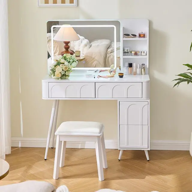 Alt view image 5 of 7 - Modern Makeup Vanity Desk with LED Lights & Mirror, 4 Drawer Dressing Table Set with Stool, 3 Colors Dimmable Brightness, Space-Saving for Bedroom, White