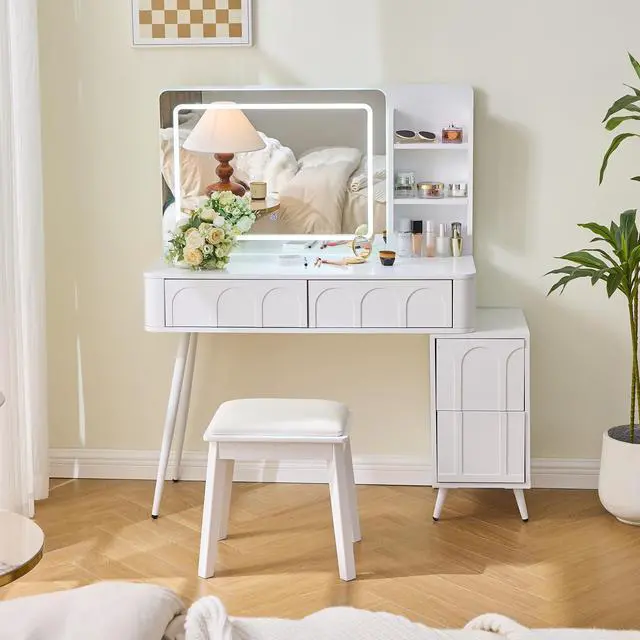 Alt view image 4 of 7 - Modern Makeup Vanity Desk with LED Lights & Mirror, 4 Drawer Dressing Table Set with Stool, 3 Colors Dimmable Brightness, Space-Saving for Bedroom, White
