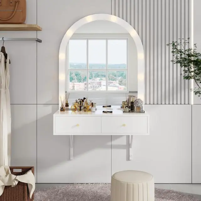 Alt view image 3 of 7 - Floating Makeup Vanity Desk with Mirror & 3-Color Lights, Wall Dressing Table with Power Outlet, Compact vanity, Large Storage, White