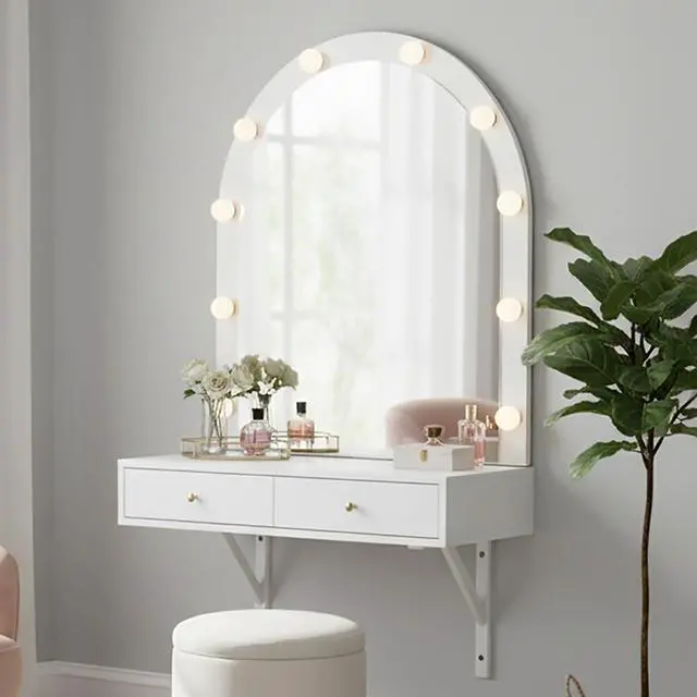 Alt view image 5 of 7 - Floating Makeup Vanity Desk with Mirror & 3-Color Lights, Wall Dressing Table with Power Outlet, Compact vanity, Large Storage, White