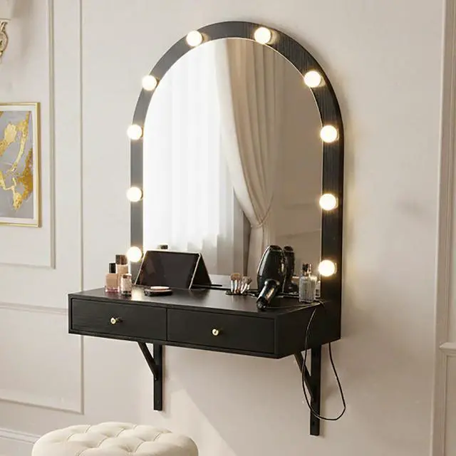 Main image of Floating Wall Mounted Makeup Vanity Desk with LED Mirror 3 Color Lights, Compact Dressing Table with Power Outlet & USB Charging, Space Saving Large Storage Vanity for Bedroom Bathroom, Black