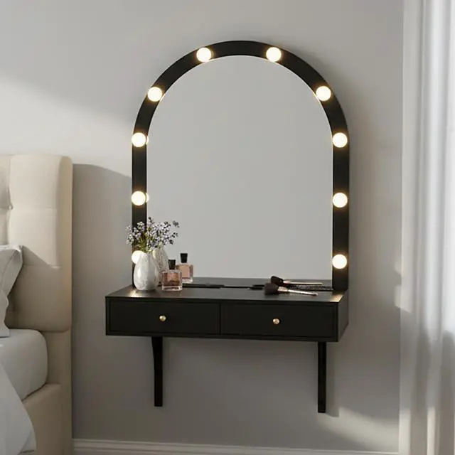 Alt view image 4 of 7 - Floating Wall Mounted Makeup Vanity Desk with LED Mirror 3 Color Lights, Compact Dressing Table with Power Outlet & USB Charging, Space Saving Large Storage Vanity for Bedroom Bathroom, Black