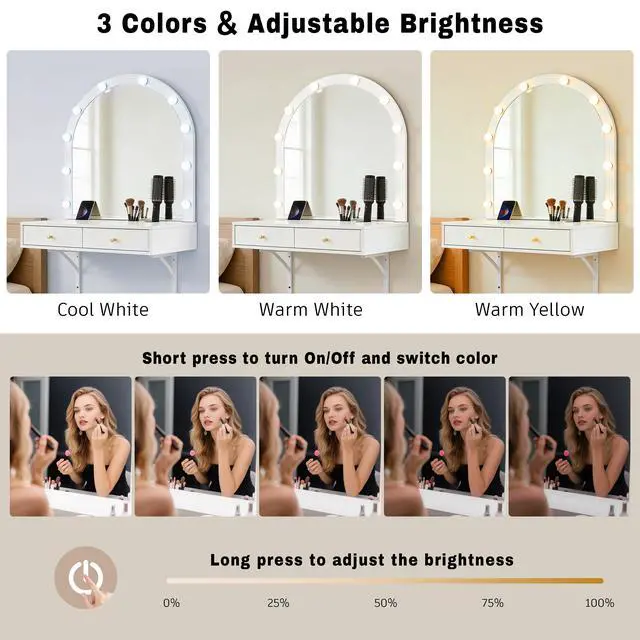 Alt view image 6 of 7 - Floating Makeup Vanity Desk with Mirror & 3-Color Lights, Wall Dressing Table with Power Outlet, Compact vanity, Large Storage, White