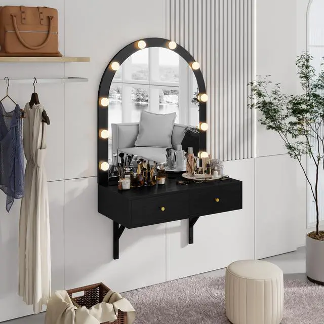 Alt view image 2 of 7 - Floating Wall Mounted Makeup Vanity Desk with LED Mirror 3 Color Lights, Compact Dressing Table with Power Outlet & USB Charging, Space Saving Large Storage Vanity for Bedroom Bathroom, Black