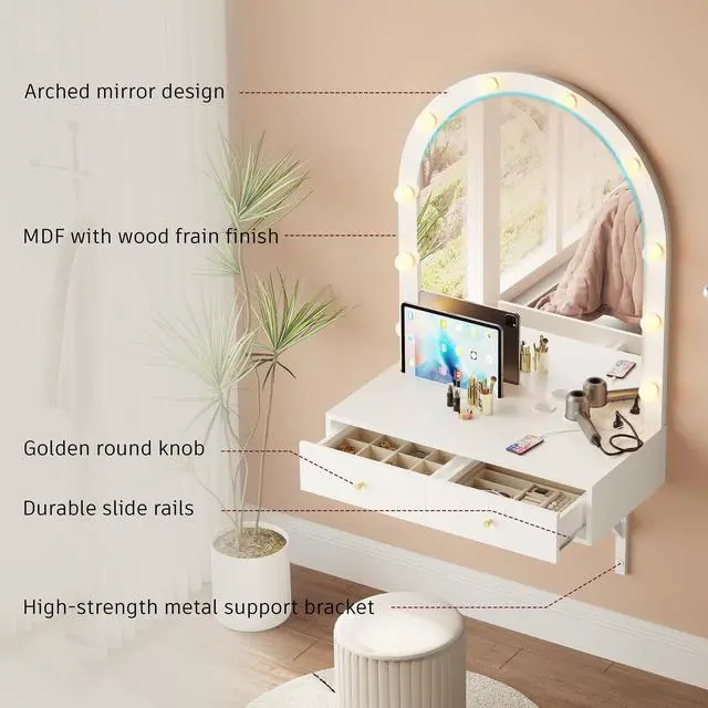 Alt view image 7 of 7 - Floating Makeup Vanity Desk with Mirror & 3-Color Lights, Wall Dressing Table with Power Outlet, Compact vanity, Large Storage, White