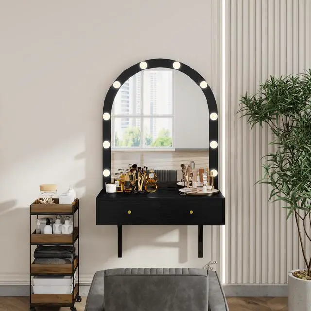 Alt view image 5 of 7 - Floating Wall Mounted Makeup Vanity Desk with LED Mirror 3 Color Lights, Compact Dressing Table with Power Outlet & USB Charging, Space Saving Large Storage Vanity for Bedroom Bathroom, Black