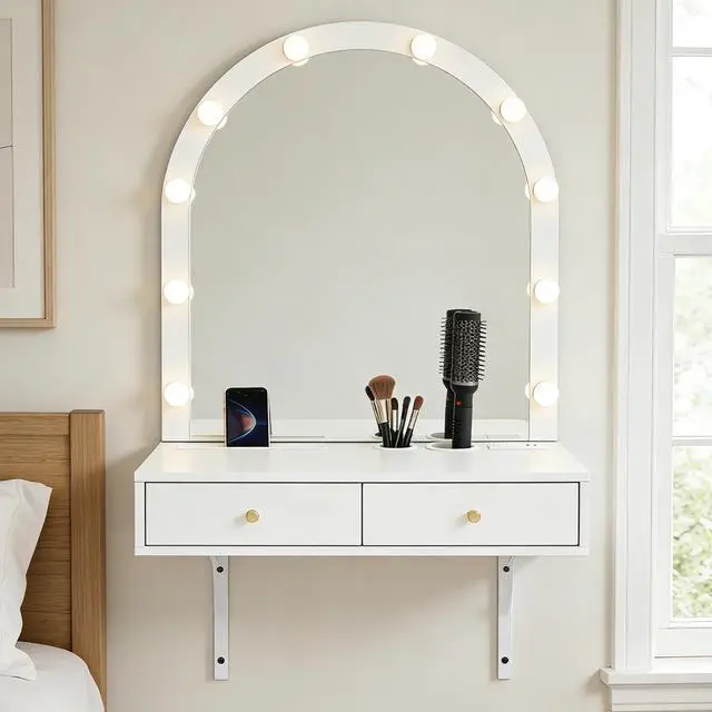 Alt view image 4 of 7 - Floating Makeup Vanity Desk with Mirror & 3-Color Lights, Wall Dressing Table with Power Outlet, Compact vanity, Large Storage, White