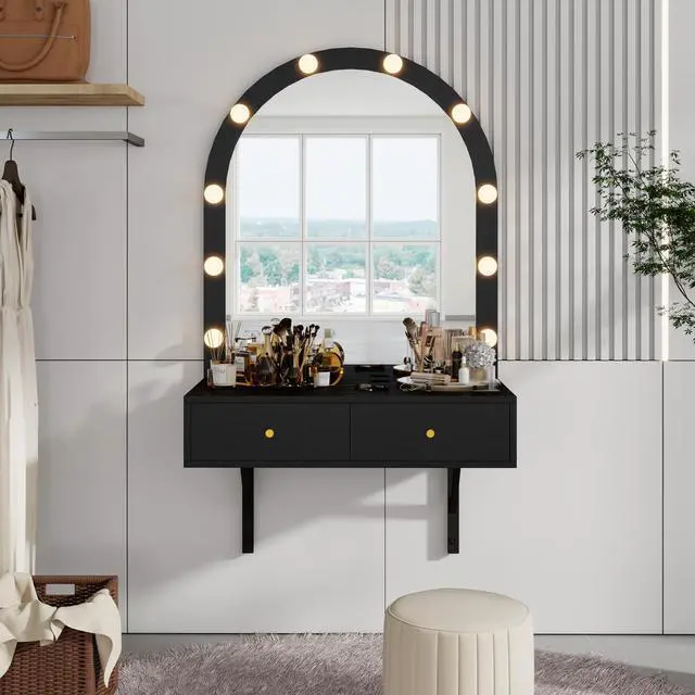 Alt view image 3 of 7 - Floating Wall Mounted Makeup Vanity Desk with LED Mirror 3 Color Lights, Compact Dressing Table with Power Outlet & USB Charging, Space Saving Large Storage Vanity for Bedroom Bathroom, Black