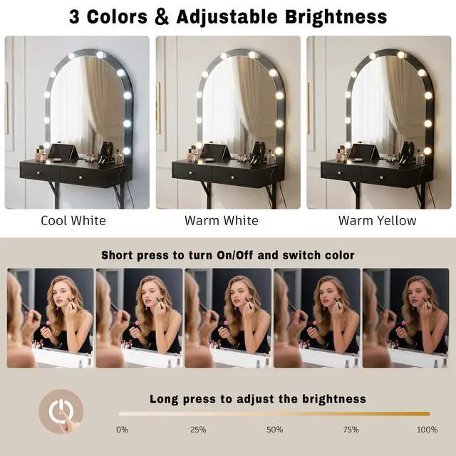 Alt view image 6 of 7 - Floating Wall Mounted Makeup Vanity Desk with LED Mirror 3 Color Lights, Compact Dressing Table with Power Outlet & USB Charging, Space Saving Large Storage Vanity for Bedroom Bathroom, Black