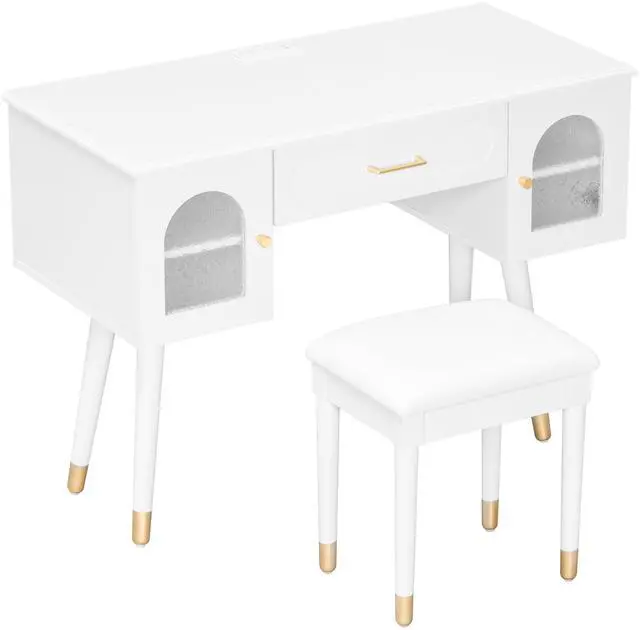 Main image of Elegant Vanity Makeup Table & Chair Set, Modern Dressing Table with Organizer, Writing Desk, Charging Port, White