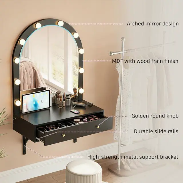Alt view image 7 of 7 - Floating Wall Mounted Makeup Vanity Desk with LED Mirror 3 Color Lights, Compact Dressing Table with Power Outlet & USB Charging, Space Saving Large Storage Vanity for Bedroom Bathroom, Black