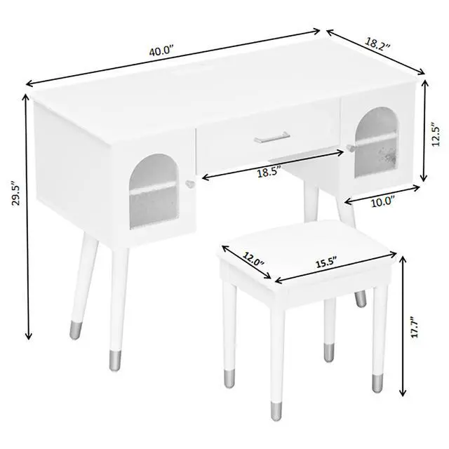 Alt view image 3 of 7 - Elegant Vanity Makeup Table & Chair Set, Modern Dressing Table with Organizer, Writing Desk, Charging Port, White