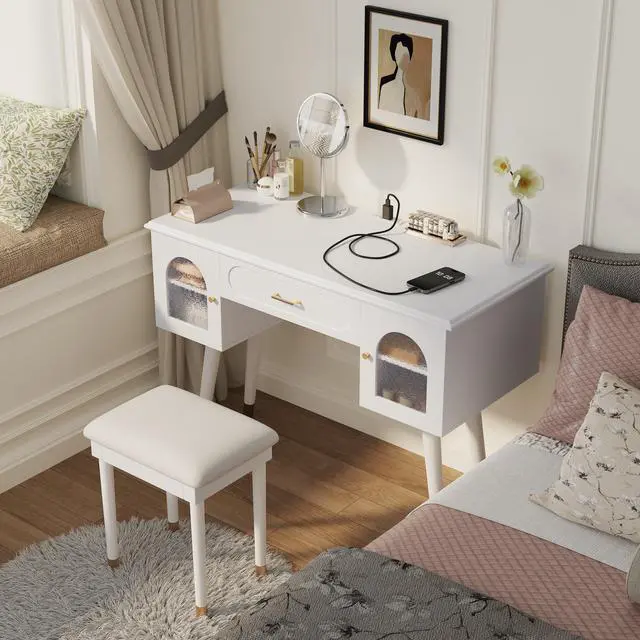Alt view image 2 of 7 - Elegant Vanity Makeup Table & Chair Set, Modern Dressing Table with Organizer, Writing Desk, Charging Port, White