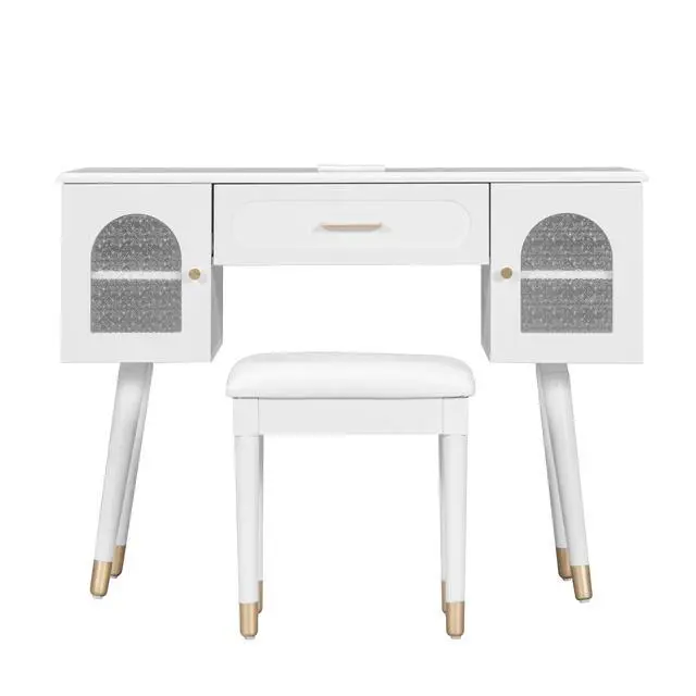 Alt view image 6 of 7 - Elegant Vanity Makeup Table & Chair Set, Modern Dressing Table with Organizer, Writing Desk, Charging Port, White