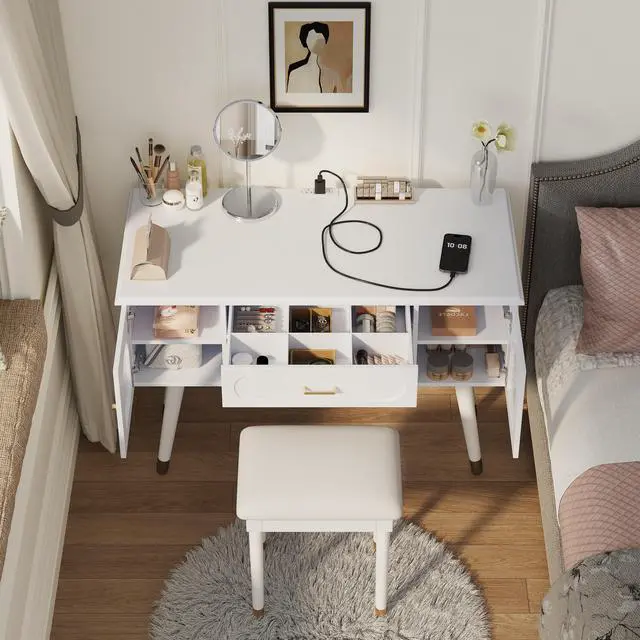 Alt view image 5 of 7 - Elegant Vanity Makeup Table & Chair Set, Modern Dressing Table with Organizer, Writing Desk, Charging Port, White