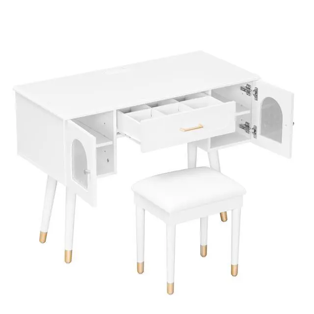 Alt view image 7 of 7 - Elegant Vanity Makeup Table & Chair Set, Modern Dressing Table with Organizer, Writing Desk, Charging Port, White