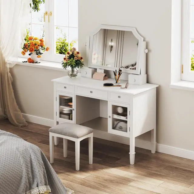 Alt view image 2 of 7 - 44.4" Makeup Vanity Desk with Large Adjustable Mirror, Dressing Table Set with Drawer & Cabinet, Space-Saving Beauty Station for Bedroom, White