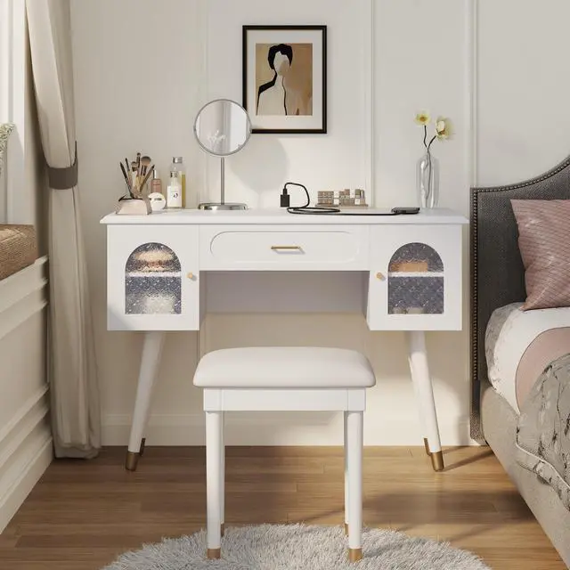 Alt view image 4 of 7 - Elegant Vanity Makeup Table & Chair Set, Modern Dressing Table with Organizer, Writing Desk, Charging Port, White