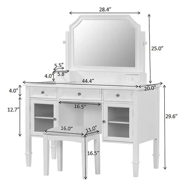 Alt view image 3 of 7 - 44.4" Makeup Vanity Desk with Large Adjustable Mirror, Dressing Table Set with Drawer & Cabinet, Space-Saving Beauty Station for Bedroom, White