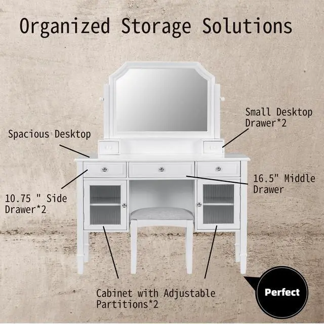 Alt view image 5 of 7 - 44.4" Makeup Vanity Desk with Large Adjustable Mirror, Dressing Table Set with Drawer & Cabinet, Space-Saving Beauty Station for Bedroom, White