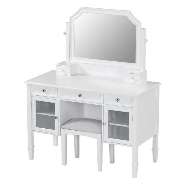 Alt view image 7 of 7 - 44.4" Makeup Vanity Desk with Large Adjustable Mirror, Dressing Table Set with Drawer & Cabinet, Space-Saving Beauty Station for Bedroom, White