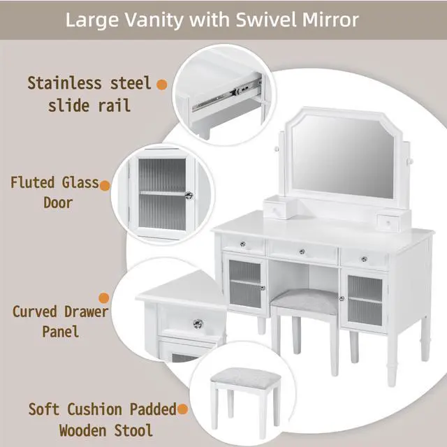 Alt view image 6 of 7 - 44.4" Makeup Vanity Desk with Large Adjustable Mirror, Dressing Table Set with Drawer & Cabinet, Space-Saving Beauty Station for Bedroom, White