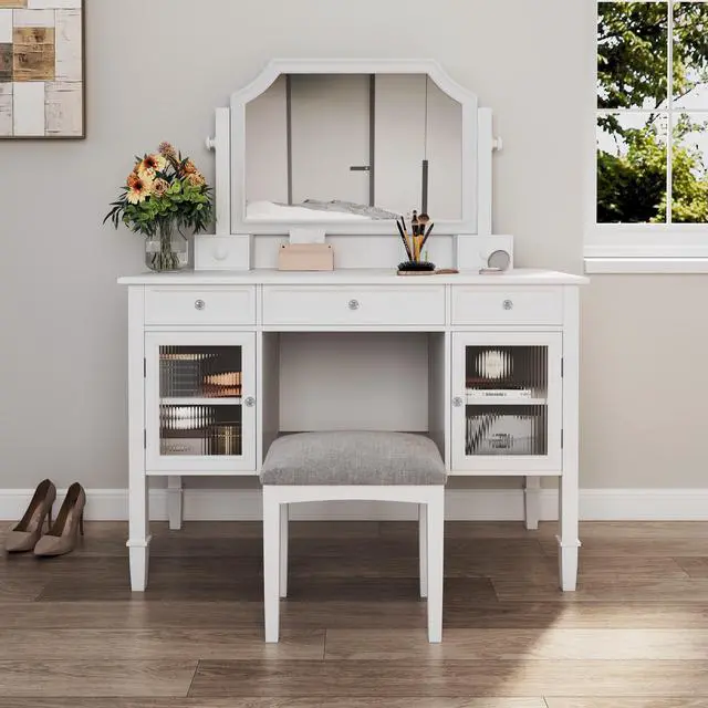 Alt view image 4 of 7 - 44.4" Makeup Vanity Desk with Large Adjustable Mirror, Dressing Table Set with Drawer & Cabinet, Space-Saving Beauty Station for Bedroom, White