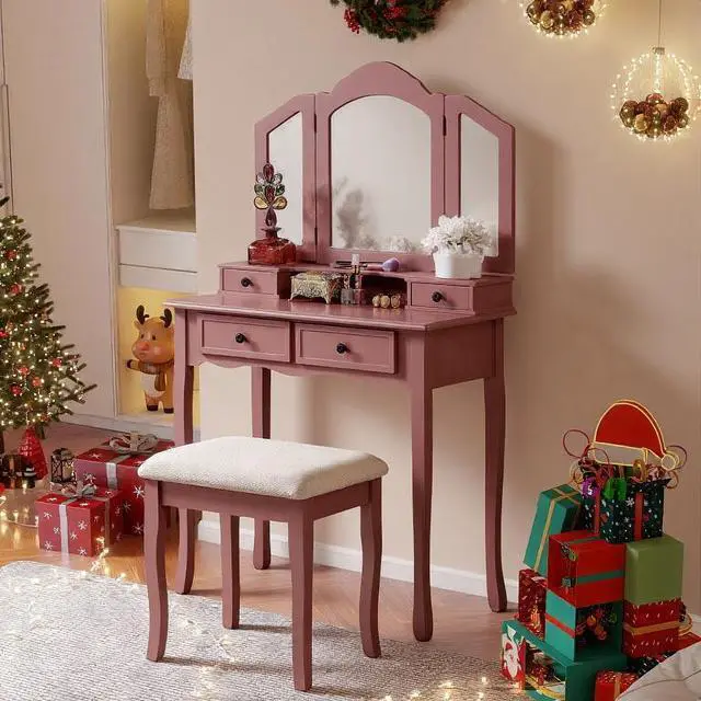 Main image of Sanlo Wooden Vanity Make Up Table and Stool Set, Rose Gold