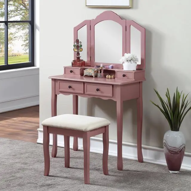 Alt view image 2 of 7 - Sanlo Wooden Vanity Make Up Table and Stool Set, Rose Gold