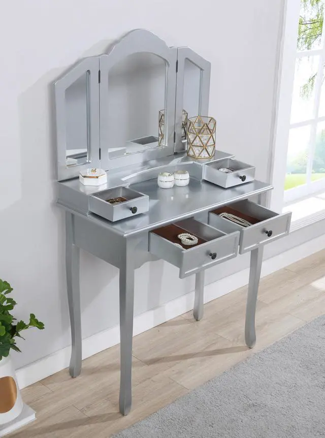 Alt view image 3 of 5 - Sanlo Wooden Vanity Make Up Table and Stool Set, Silver