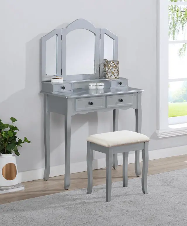 Main image of Sanlo Wooden Vanity Make Up Table and Stool Set, Silver