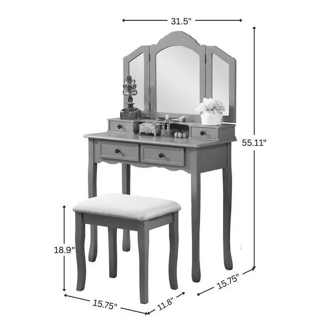 Alt view image 5 of 5 - Sanlo Wooden Vanity Make Up Table and Stool Set, Silver