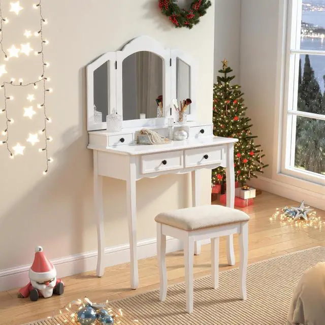 Main image of Sanlo Wooden Vanity Make Up Table and Stool Set, White