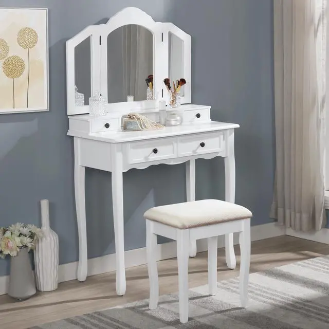 Alt view image 2 of 7 - Sanlo Wooden Vanity Make Up Table and Stool Set, White