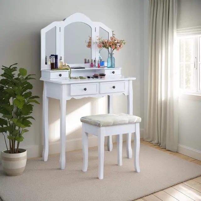 Alt view image 3 of 7 - Sanlo Wooden Vanity Make Up Table and Stool Set, White