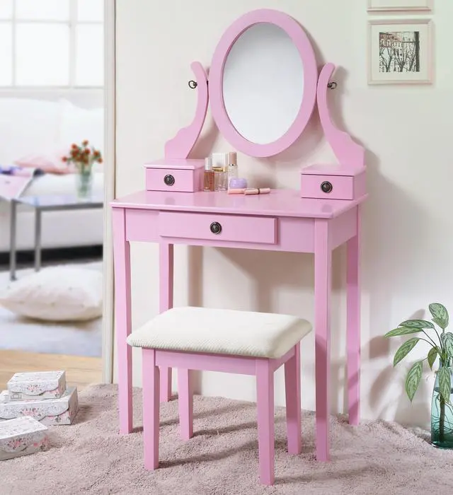 Alt view image 2 of 7 - Moniys Wood Moniya Makeup Vanity Table and Stool Set, Pink