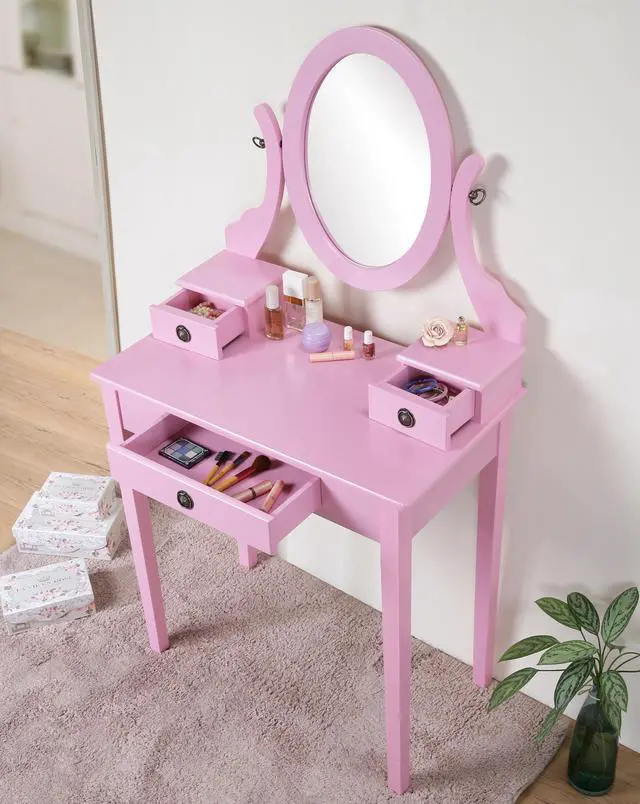 Alt view image 4 of 7 - Moniys Wood Moniya Makeup Vanity Table and Stool Set, Pink