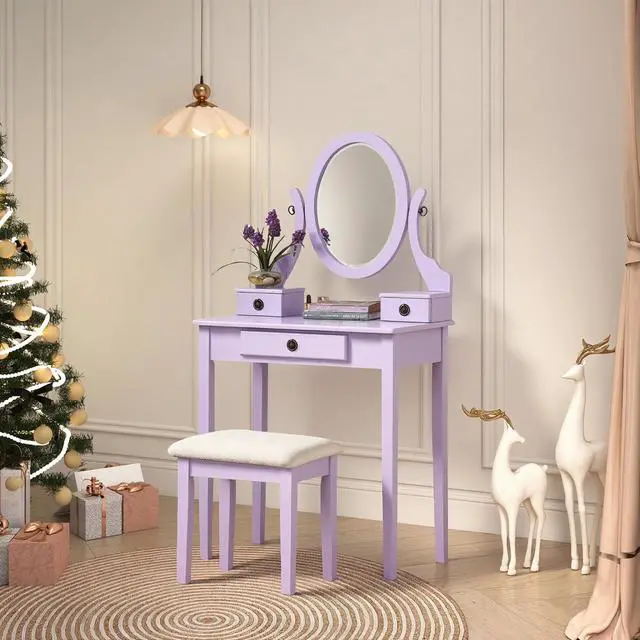 Main image of Moniys Wood Moniya Makeup Vanity Table and Stool Set, Purple