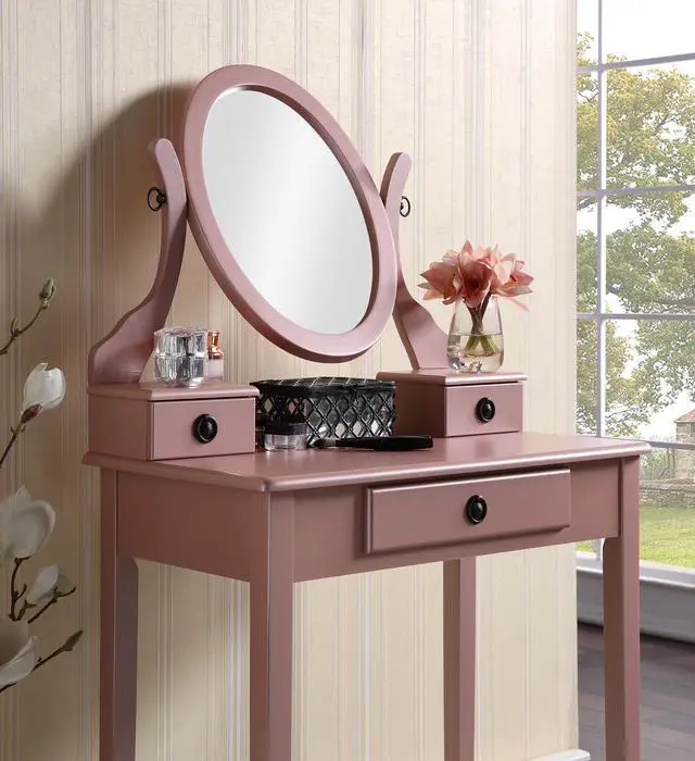 Alt view image 2 of 6 - Moniys Wood Moniya Makeup Vanity Table and Stool Set, Rose Gold