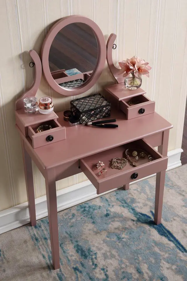Alt view image 3 of 6 - Moniys Wood Moniya Makeup Vanity Table and Stool Set, Rose Gold