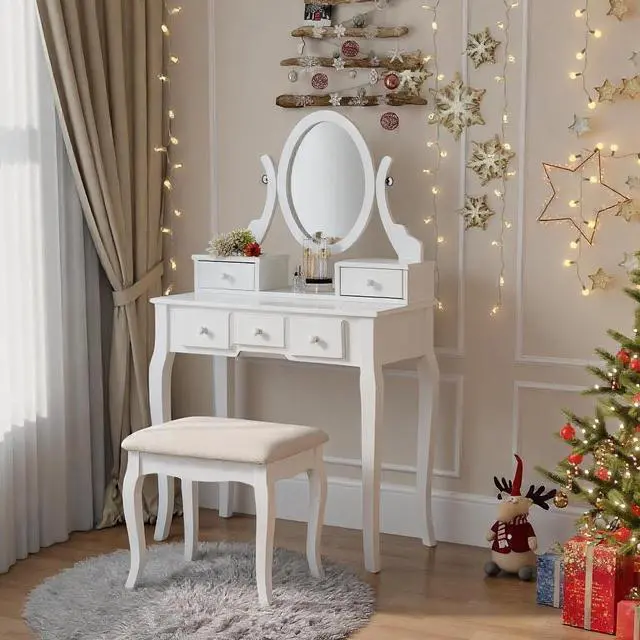 Main image of Ashley Wood Make-Up Vanity Table and Stool Set, White