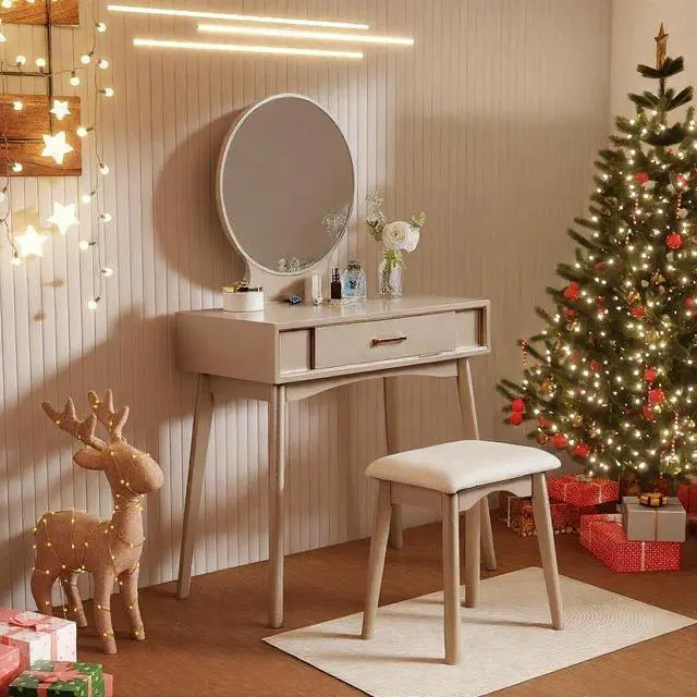 Main image of Maly Contemporary Wood Vanity and Stool Set, Gold