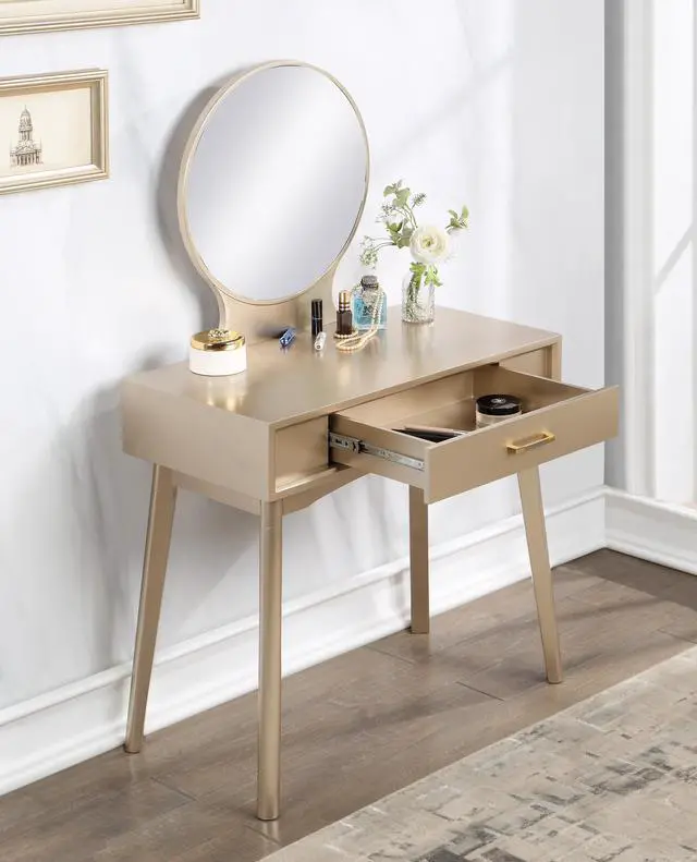 Alt view image 3 of 7 - Maly Contemporary Wood Vanity and Stool Set, Gold