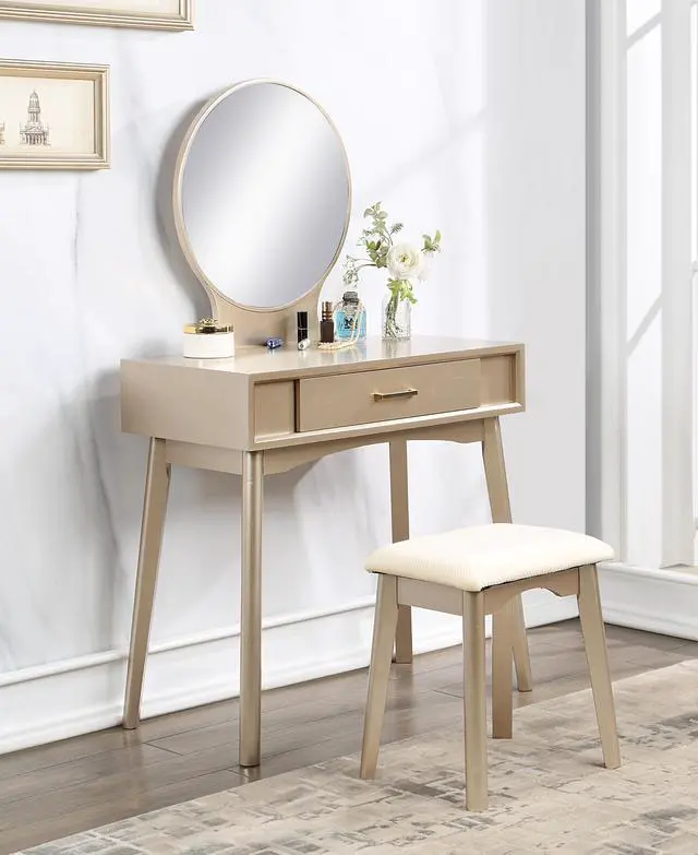 Alt view image 2 of 7 - Maly Contemporary Wood Vanity and Stool Set, Gold