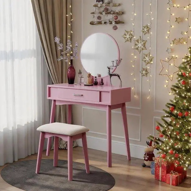 Main image of Maly Contemporary Wood Vanity and Stool Set, Pink