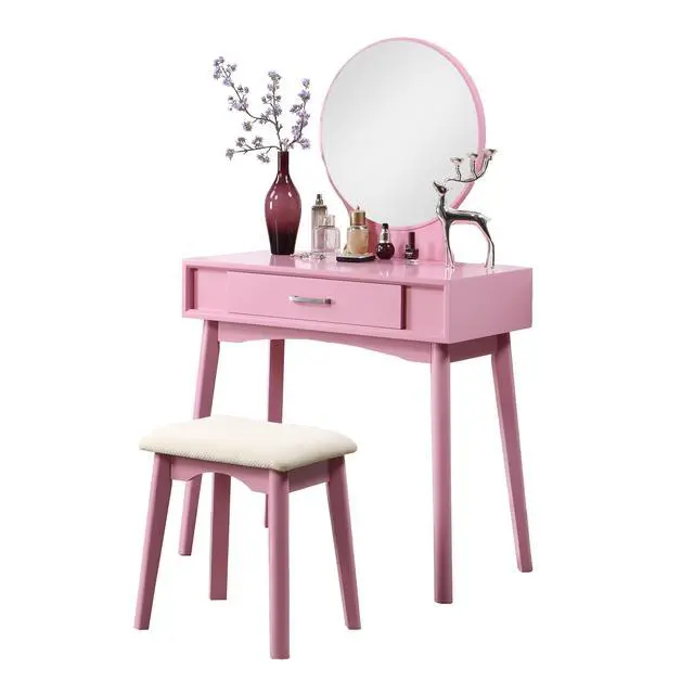Alt view image 5 of 7 - Maly Contemporary Wood Vanity and Stool Set, Pink