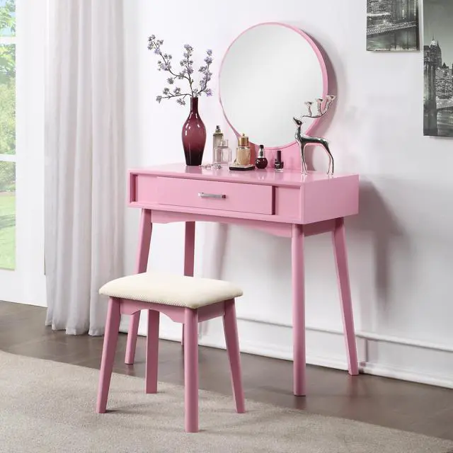 Alt view image 2 of 7 - Maly Contemporary Wood Vanity and Stool Set, Pink