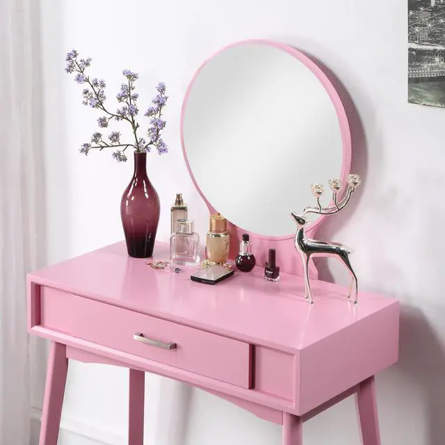 Alt view image 4 of 7 - Maly Contemporary Wood Vanity and Stool Set, Pink