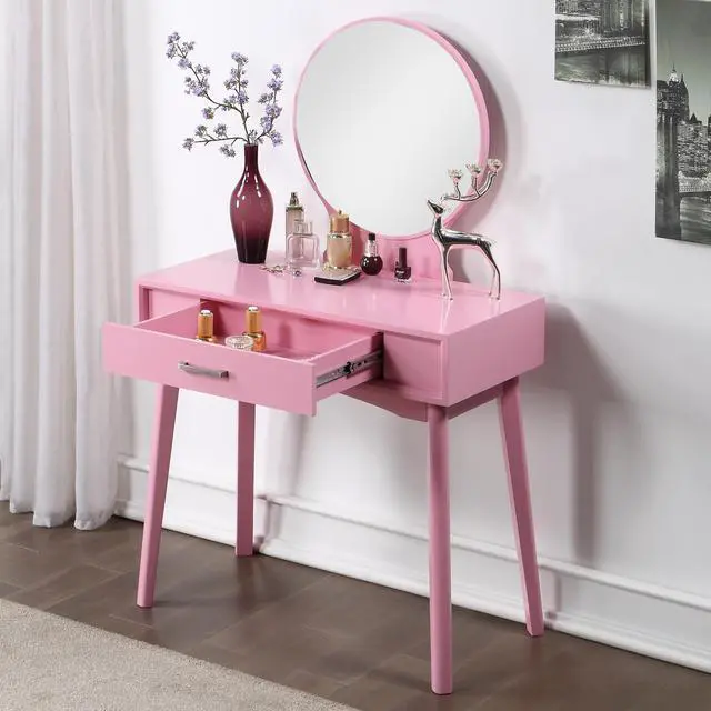 Alt view image 3 of 7 - Maly Contemporary Wood Vanity and Stool Set, Pink
