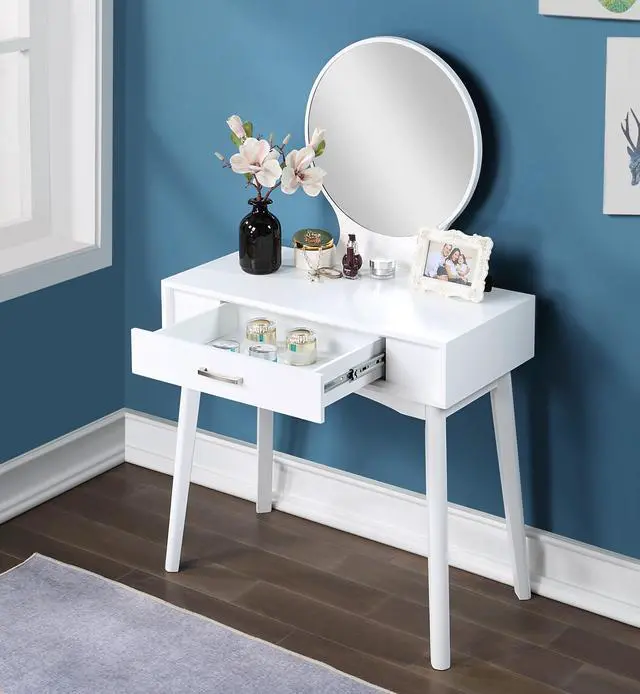 Alt view image 3 of 7 - Maly Contemporary Wood Vanity and Stool Set, White